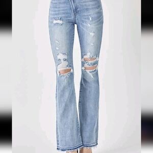 Risen Dani Morgan Distressed Light Blue Flare Asymmetrical Jeans